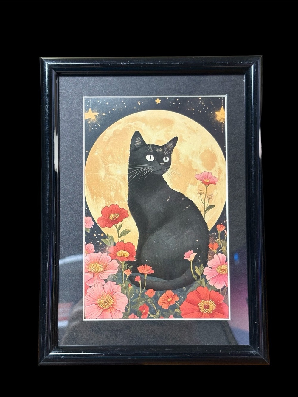 Black Cat Full Moon & Flowers Framed Art Print – 5x7 | Celestial Witchy Décor